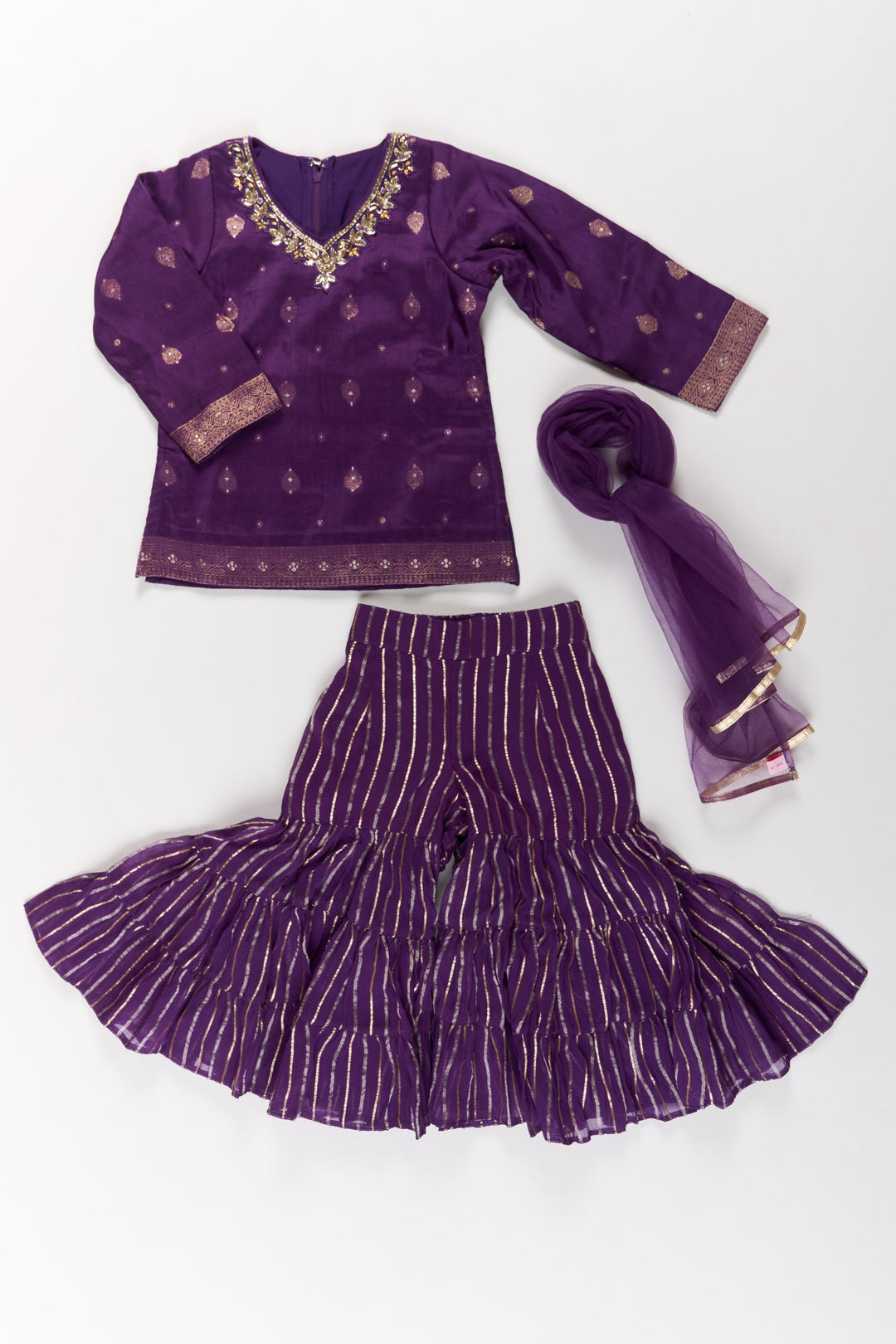 The Nesavu Girls Sharara / Plazo Set Girls Viscose Silk Sharara Set in Purple with Embellished Kurta and Ruffled Pants Nesavu 16 (1Y) / Purple GPS495A-16 Nesavu Girls Party Wear Sharara Set Purple Embellished Kurta Ruffled Pants