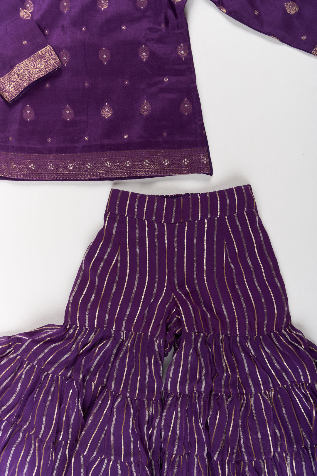 The Nesavu Girls Sharara / Plazo Set Girls Viscose Silk Sharara Set in Purple with Embellished Kurta and Ruffled Pants Nesavu Girls Party Wear Sharara Set Purple Embellished Kurta Ruffled Pants | The Nesavu