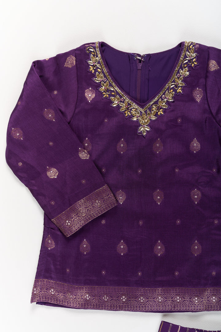 The Nesavu Girls Sharara / Plazo Set Girls Viscose Silk Sharara Set in Purple with Embellished Kurta and Ruffled Pants Nesavu Girls Party Wear Sharara Set Purple Embellished Kurta Ruffled Pants | The Nesavu