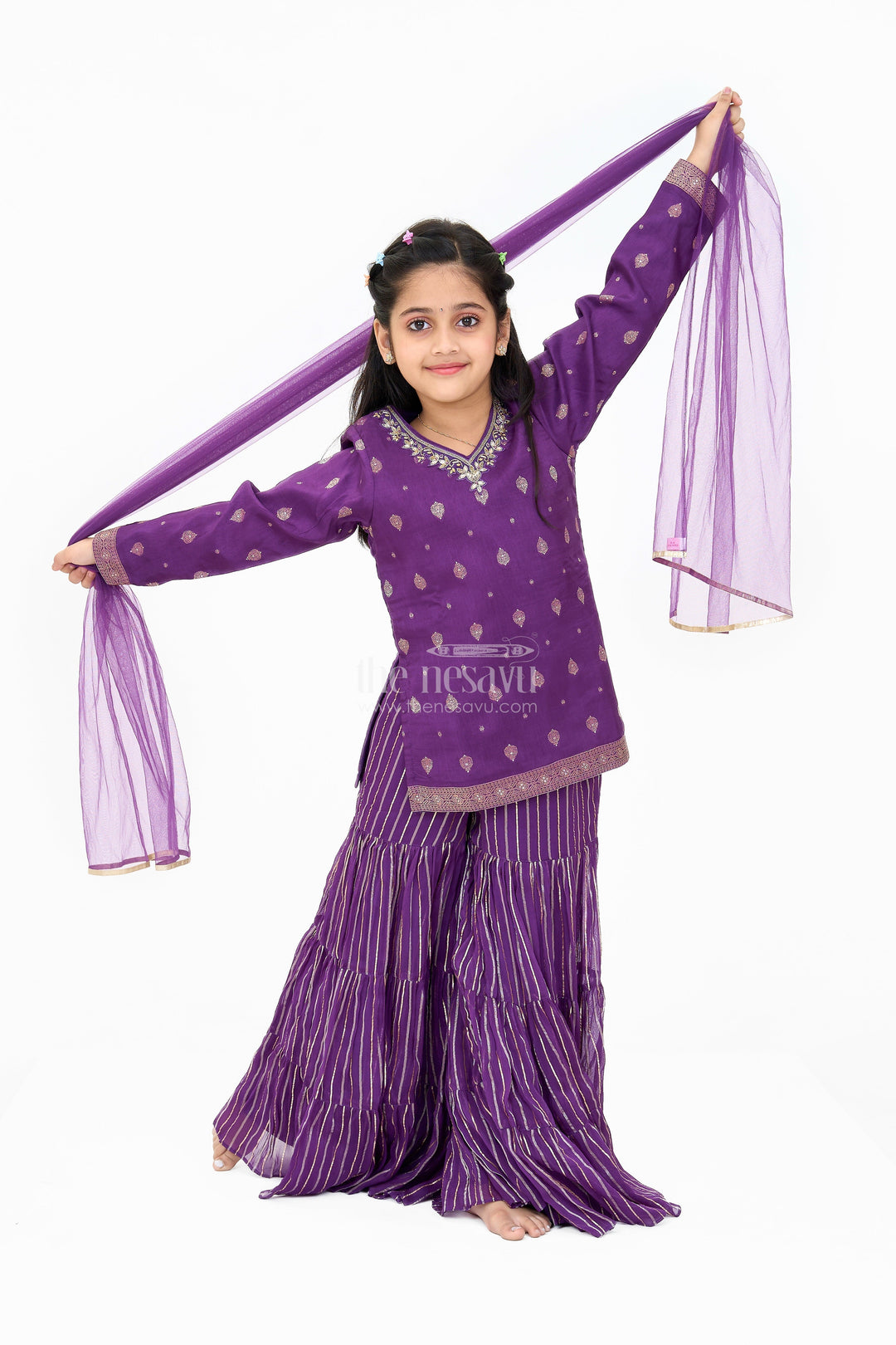 The Nesavu Girls Sharara / Plazo Set Girls Viscose Silk Sharara Set in Purple with Embellished Kurta and Ruffled Pants Nesavu Girls Party Wear Sharara Set Purple Embellished Kurta Ruffled Pants | The Nesavu