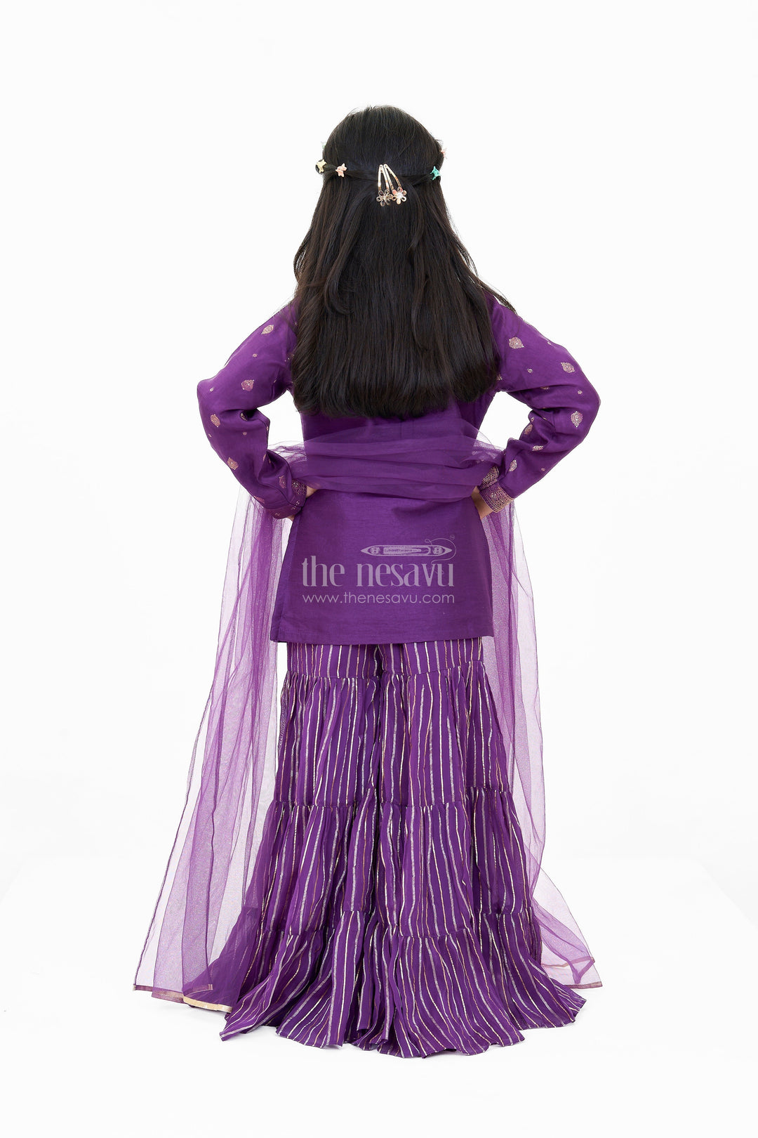 The Nesavu Girls Sharara / Plazo Set Girls Viscose Silk Sharara Set in Purple with Embellished Kurta and Ruffled Pants Nesavu Girls Party Wear Sharara Set Purple Embellished Kurta Ruffled Pants | The Nesavu