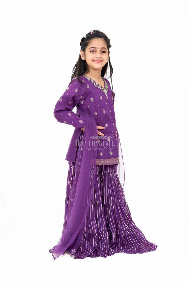 The Nesavu Girls Sharara / Plazo Set Girls Viscose Silk Sharara Set in Purple with Embellished Kurta and Ruffled Pants Nesavu Girls Party Wear Sharara Set Purple Embellished Kurta Ruffled Pants | The Nesavu