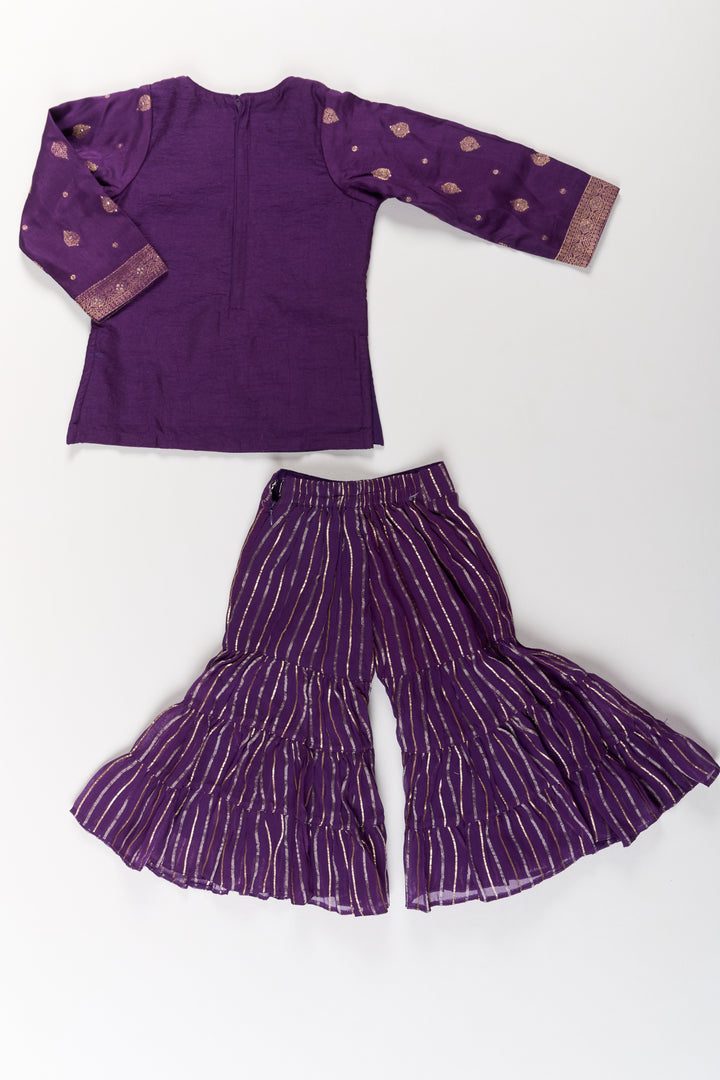 The Nesavu Girls Sharara / Plazo Set Girls Viscose Silk Sharara Set in Purple with Embellished Kurta and Ruffled Pants Nesavu Nesavu Girls Party Wear Sharara Set Purple Embellished Kurta Ruffled Pants