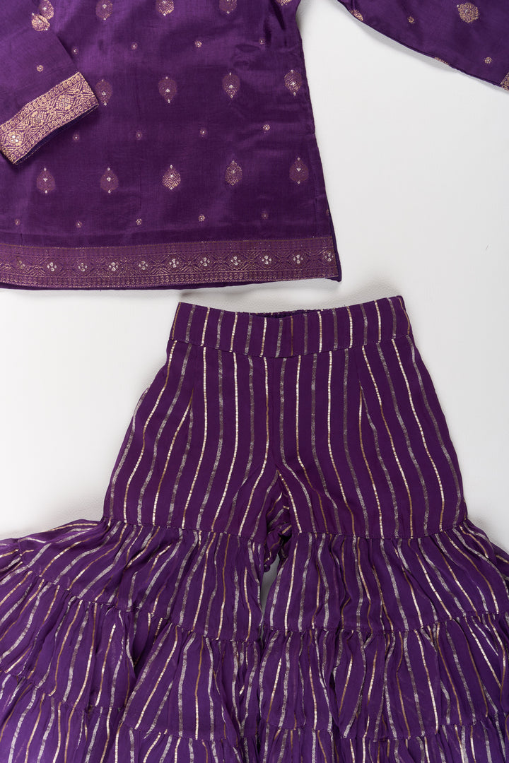 The Nesavu Girls Sharara / Plazo Set Girls Viscose Silk Sharara Set in Purple with Embellished Kurta and Ruffled Pants Nesavu Nesavu Girls Party Wear Sharara Set Purple Embellished Kurta Ruffled Pants