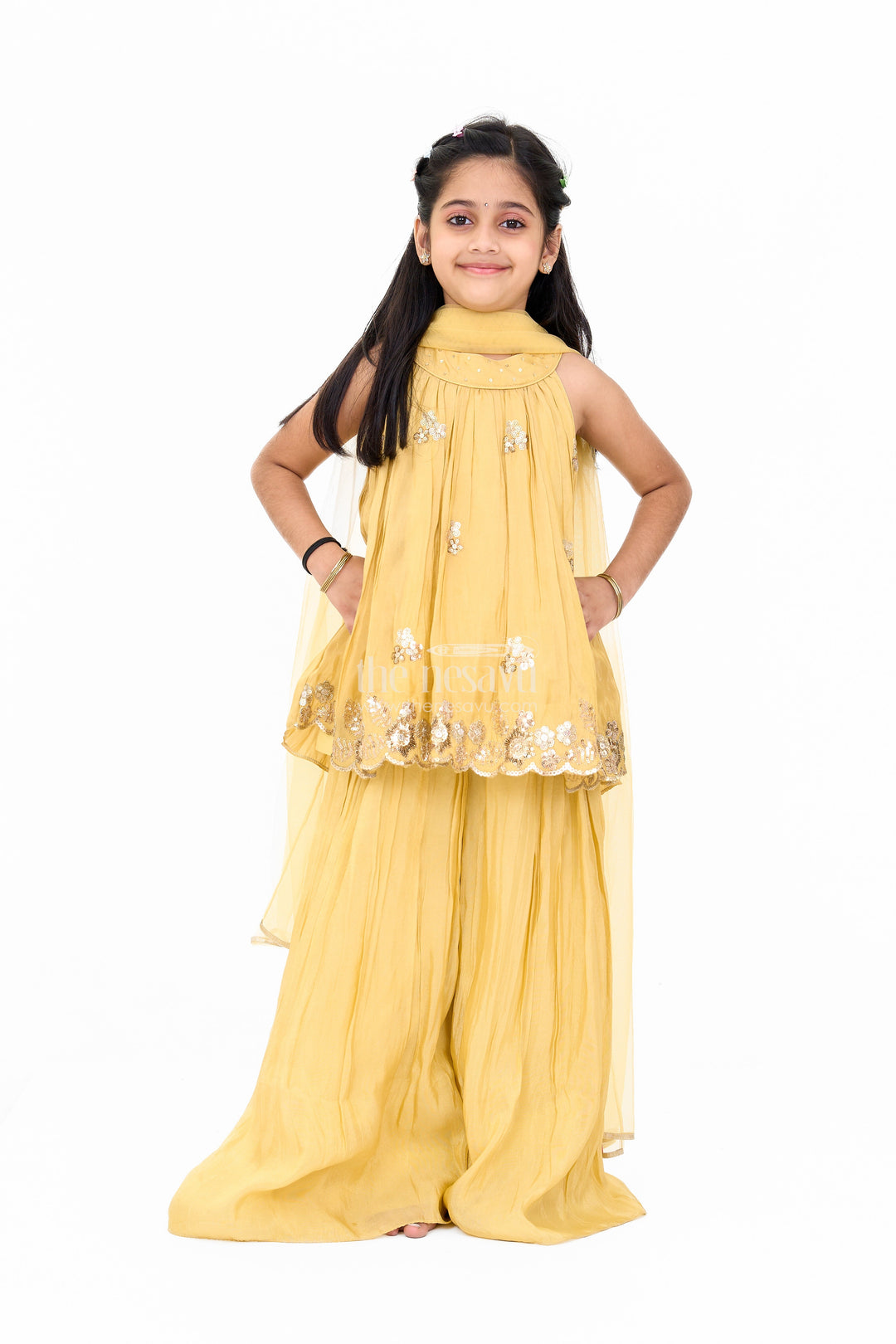 The Nesavu Girls Sharara / Plazo Set Girls Viscose Silk Sharara Set with Embellished Top and Flared Bottoms Nesavu 16 (1Y) / Gold GPS475B-16 Girls Designer Sharara Set Viscose Silk Embellished Top Flared Bottoms | The Nesavu