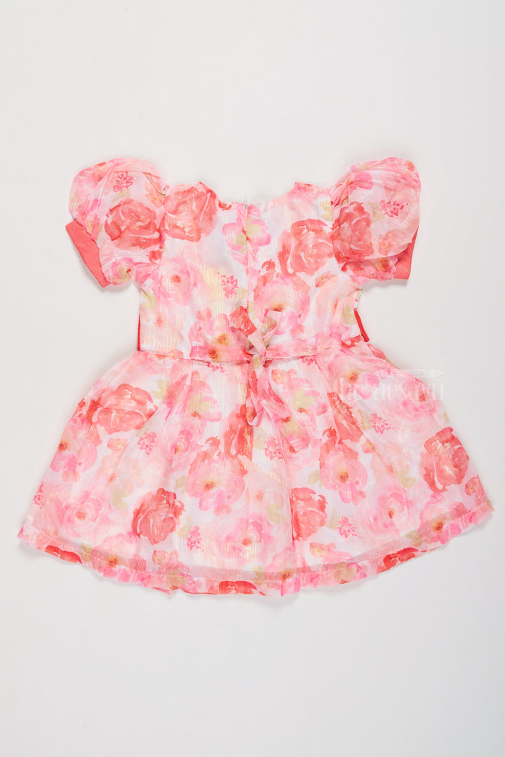 The Nesavu Girls Cotton Frock Girls Wedding Wear Georgette Dress with Peach Floral Print and Puff Sleeves Nesavu Girls Wedding Wear Georgette Dress Peach Floral Print Puff Sleeves Coral Waistband | The Nesavu