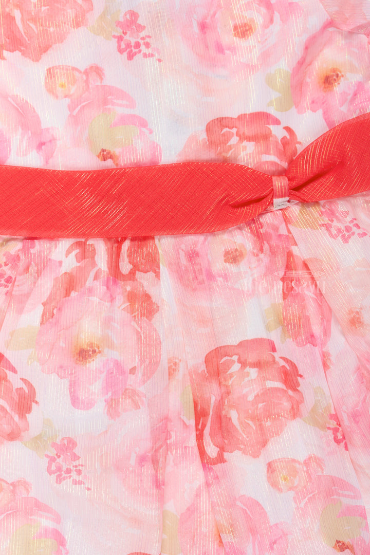 The Nesavu Girls Cotton Frock Girls Wedding Wear Georgette Dress with Peach Floral Print and Puff Sleeves Nesavu Girls Wedding Wear Georgette Dress Peach Floral Print Puff Sleeves Coral Waistband | The Nesavu
