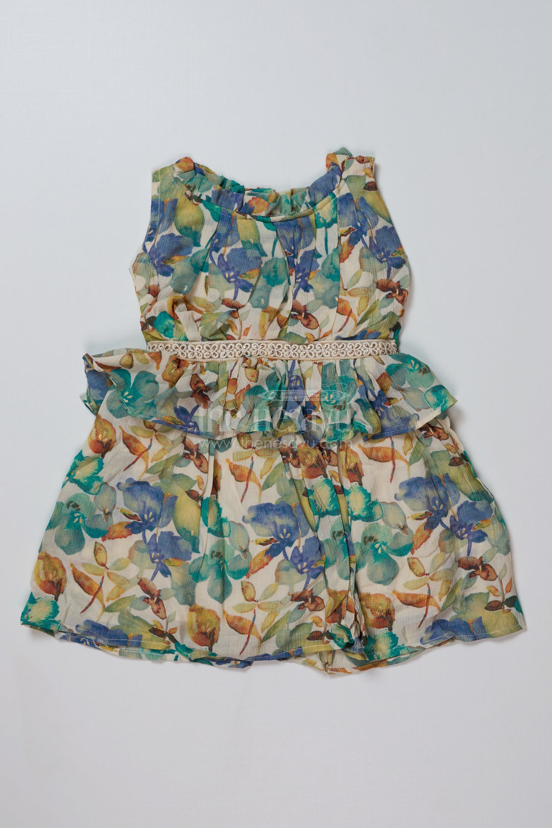 The Nesavu Girls Cotton Frock Girls Western Frock Dress in Chiffon Cotton Blend with Floral Prints and Ruffled Waist Nesavu 16 (1Y) / Green GFC1637B-16 Girls Western Frock Dress Chiffon Cotton Blend Floral Prints Ruffle Waist | The Nesavu
