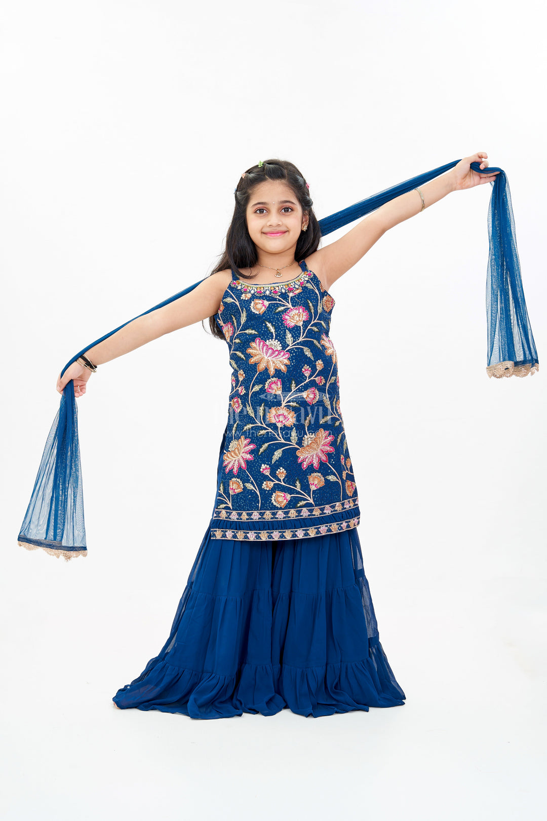 The Nesavu Girls Sharara / Plazo Set Girls Western Sharara Set in Navy Blue with Embroidered Spaghetti Top and Flowy Pants Nesavu 24 (5Y) / Blue GPS517A-24 Girls Western Sharara Set Navy Blue Embroidered Spaghetti Top Dupatta | The Nesavu