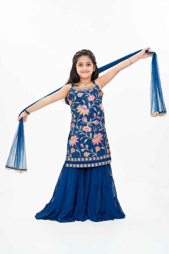 The Nesavu Girls Sharara / Plazo Set Girls Western Sharara Set in Navy Blue with Embroidered Spaghetti Top and Flowy Pants Nesavu 24 (5Y) / Blue GPS517A-24 Girls Western Sharara Set Navy Blue Embroidered Spaghetti Top Dupatta | The Nesavu