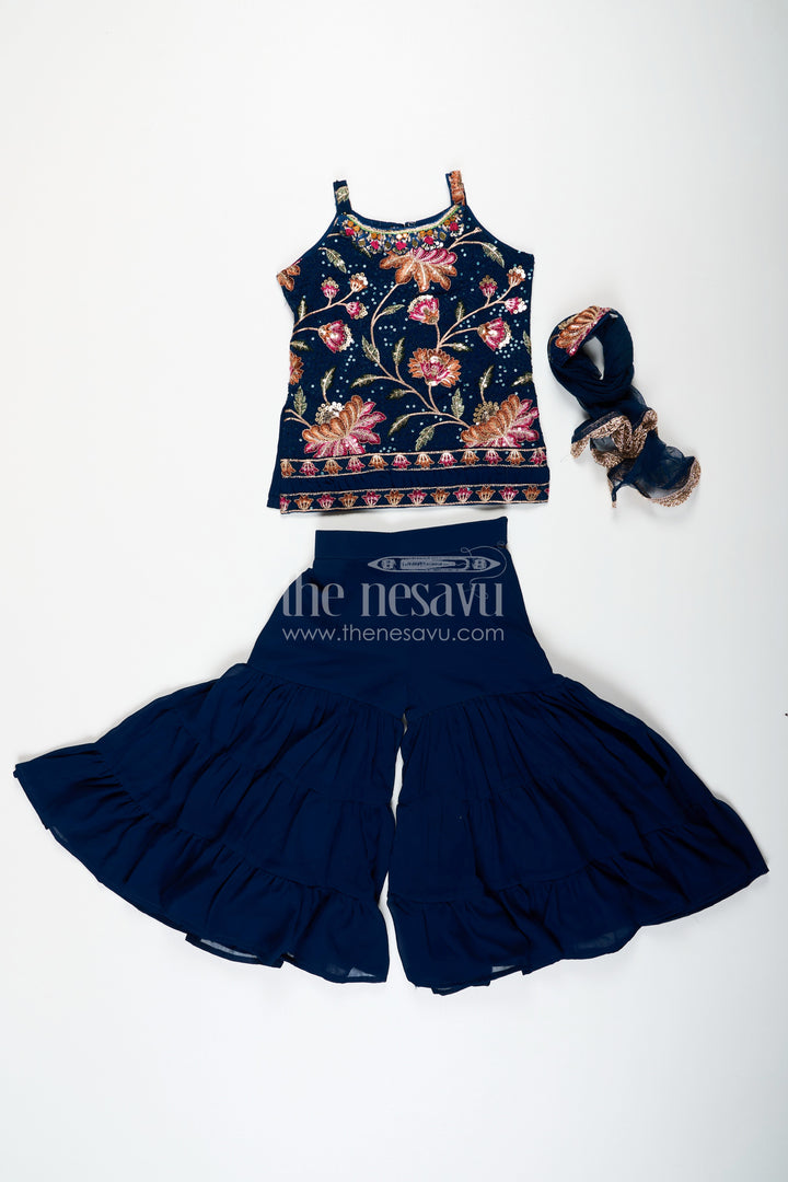 The Nesavu Girls Sharara / Plazo Set Girls Western Sharara Set in Navy Blue with Embroidered Spaghetti Top and Flowy Pants Nesavu Girls Western Sharara Set Navy Blue Embroidered Spaghetti Top Dupatta | The Nesavu