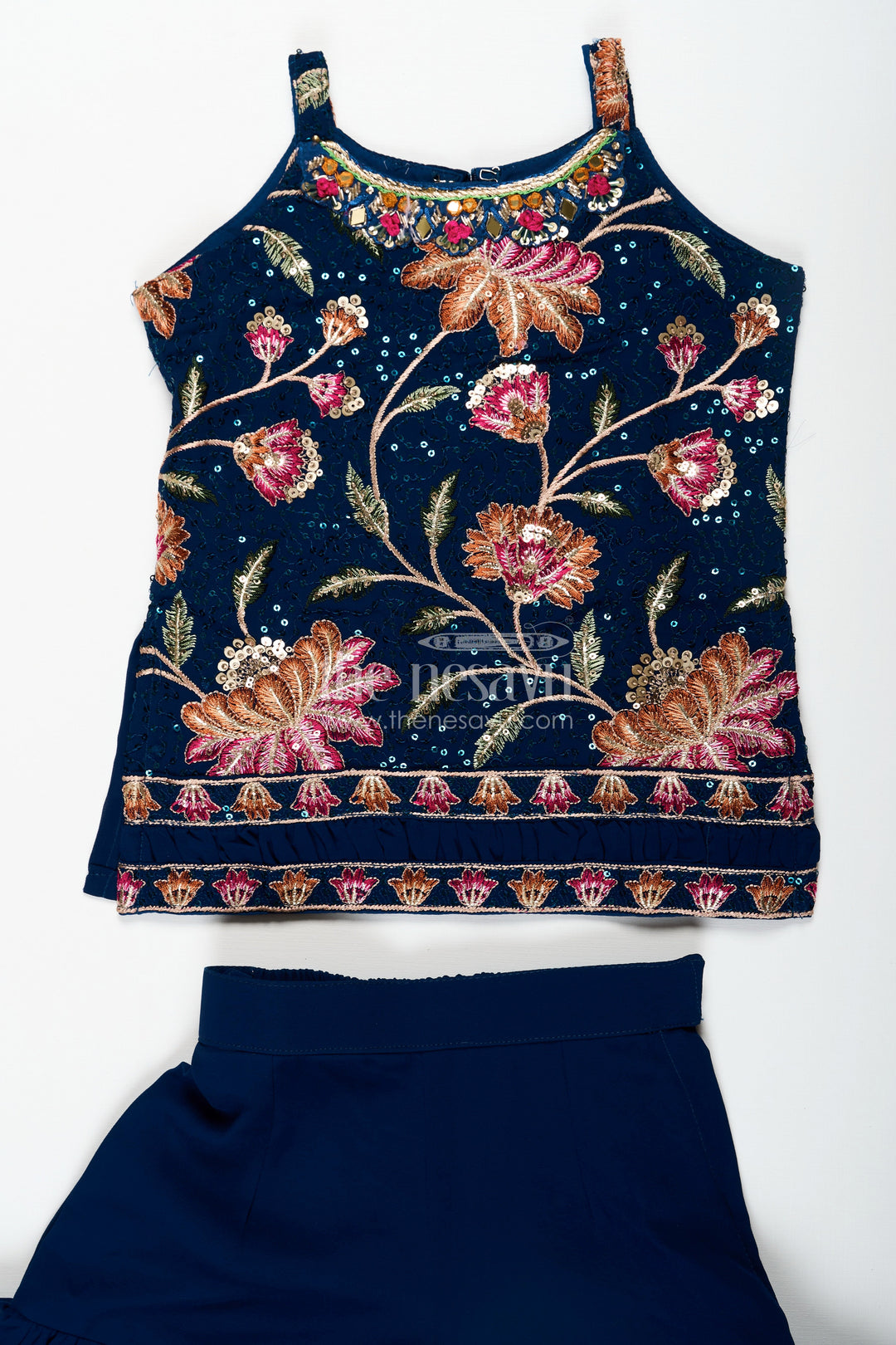 The Nesavu Girls Sharara / Plazo Set Girls Western Sharara Set in Navy Blue with Embroidered Spaghetti Top and Flowy Pants Nesavu Girls Western Sharara Set Navy Blue Embroidered Spaghetti Top Dupatta | The Nesavu