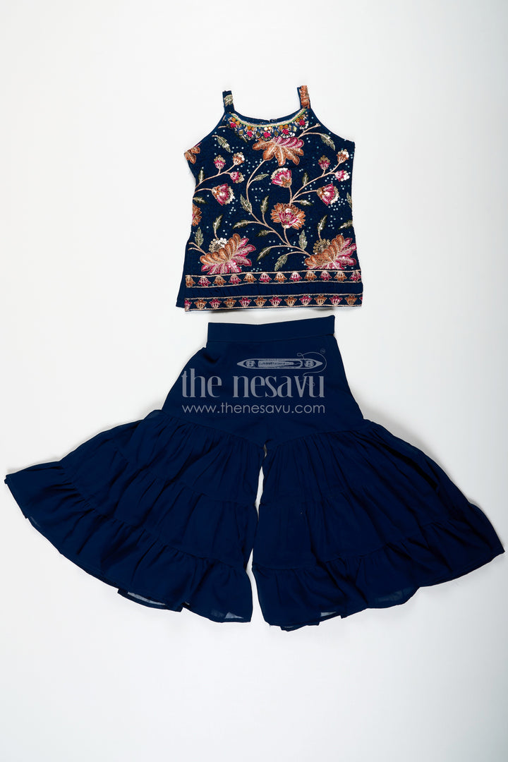 The Nesavu Girls Sharara / Plazo Set Girls Western Sharara Set in Navy Blue with Embroidered Spaghetti Top and Flowy Pants Nesavu Girls Western Sharara Set Navy Blue Embroidered Spaghetti Top Dupatta | The Nesavu