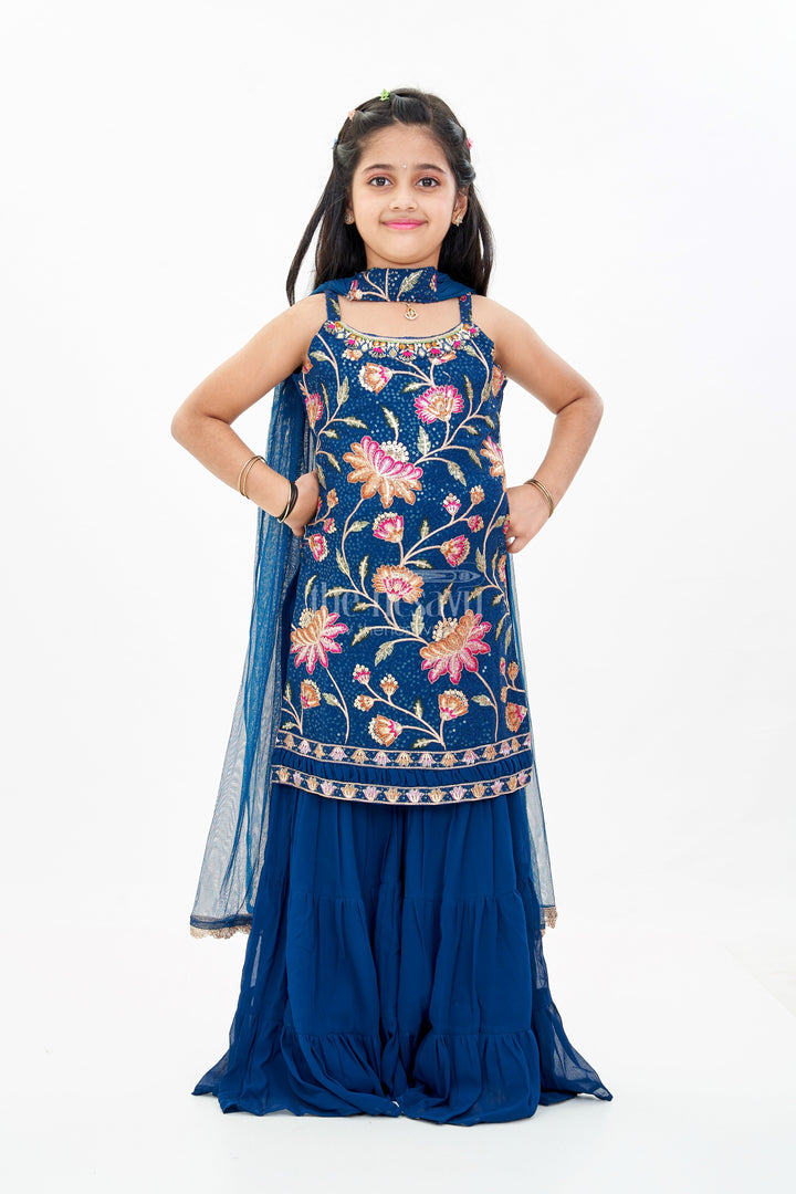 The Nesavu Girls Sharara / Plazo Set Girls Western Sharara Set in Navy Blue with Embroidered Spaghetti Top and Flowy Pants Nesavu Girls Western Sharara Set Navy Blue Embroidered Spaghetti Top Dupatta | The Nesavu