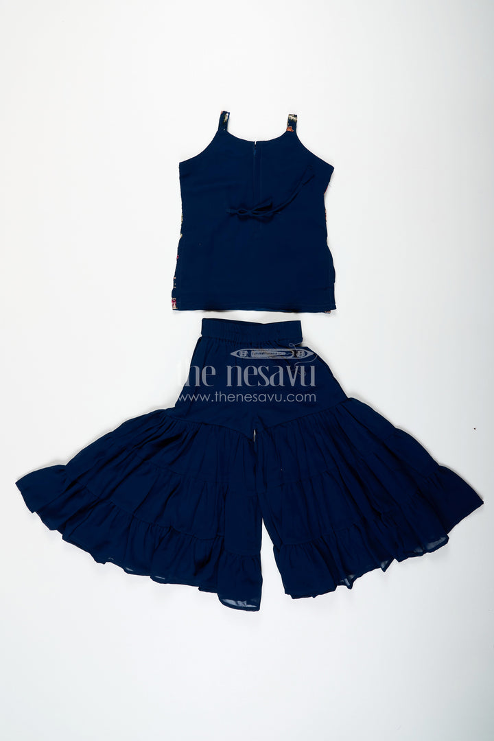 The Nesavu Girls Sharara / Plazo Set Girls Western Sharara Set in Navy Blue with Embroidered Spaghetti Top and Flowy Pants Nesavu Girls Western Sharara Set Navy Blue Embroidered Spaghetti Top Dupatta | The Nesavu