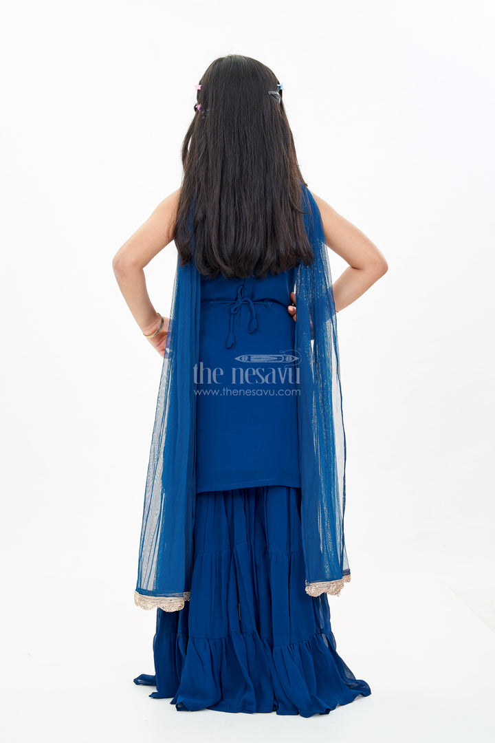 The Nesavu Girls Sharara / Plazo Set Girls Western Sharara Set in Navy Blue with Embroidered Spaghetti Top and Flowy Pants Nesavu Girls Western Sharara Set Navy Blue Embroidered Spaghetti Top Dupatta | The Nesavu