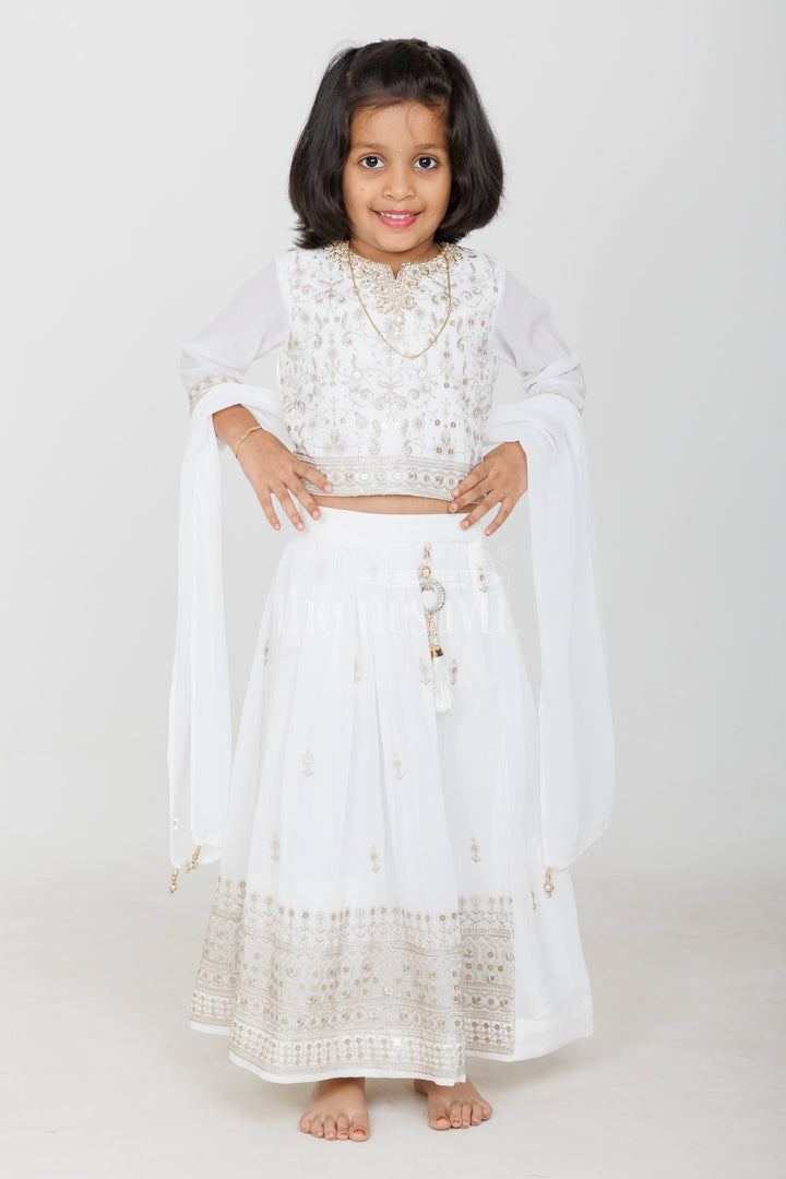 The Nesavu Girls Lehenga Choli Girls White and Gold Georgette Lehenga Choli with Intricate Embroidery and 3/4 Sleeves Dupatta Set Nesavu 16 (1Y) / White GL515A-16 Nesavu Girls White Gold Georgette Lehenga Choli 34 Sleeves Embroidered Dupatta