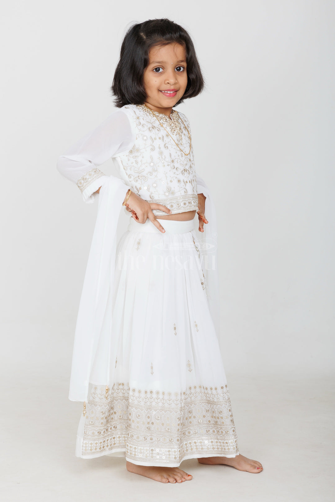 The Nesavu Girls Lehenga Choli Girls White and Gold Georgette Lehenga Choli with Intricate Embroidery and 3/4 Sleeves Dupatta Set Nesavu Nesavu Girls White Gold Georgette Lehenga Choli 34 Sleeves Embroidered Dupatta