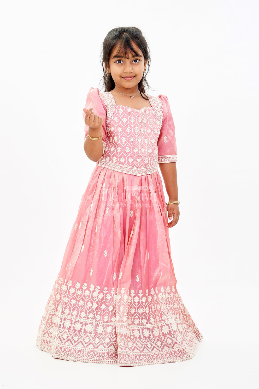 The Nesavu Girls Silk Gown Girls White and Pink Anarkali Dress with Heavy Embroidery and Gold Accents Nesavu 18 (2Y) / Pink GA292A-18 Girls White Pink Anarkali Dress Gold Embroidery Elegant Flair | The Nesavu
