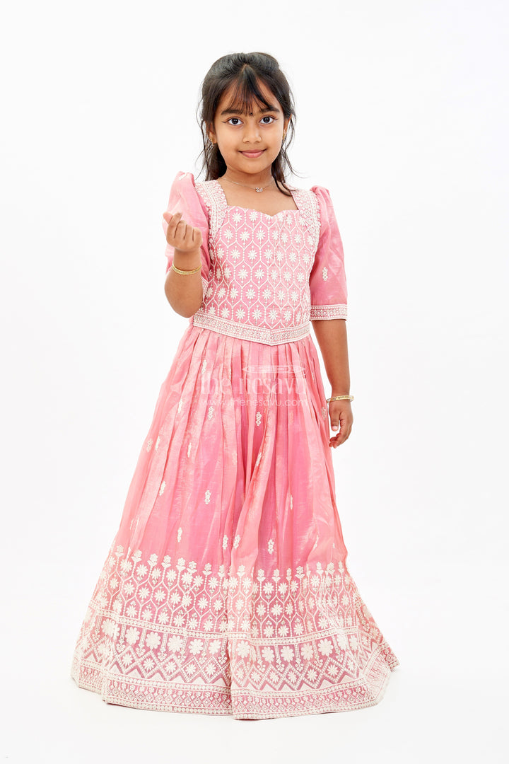 The Nesavu Girls Silk Gown Girls White and Pink Anarkali Dress with Heavy Embroidery and Gold Accents Nesavu 18 (2Y) / Pink GA292A-18 Girls White Pink Anarkali Dress Gold Embroidery Elegant Flair | The Nesavu