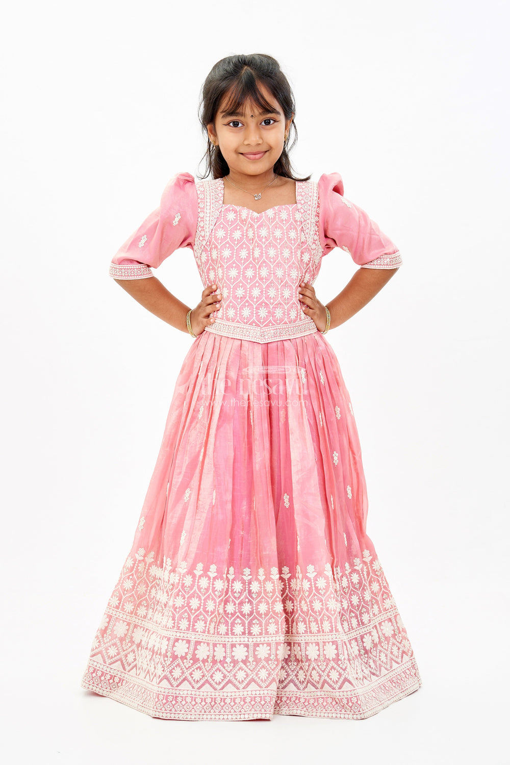 The Nesavu Girls Silk Gown Girls White and Pink Anarkali Dress with Heavy Embroidery and Gold Accents Nesavu Nesavu Girls White Pink Anarkali Dress Gold Embroidery Elegant Flair