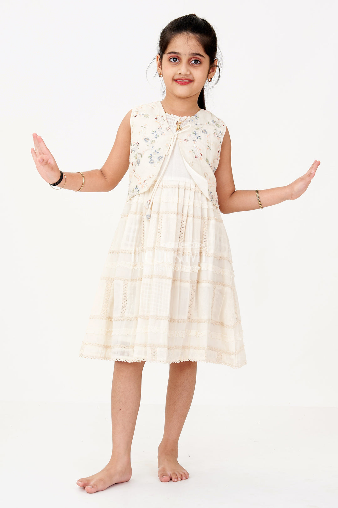 The Nesavu Girls Cotton Frock Girls White Color Frock with Embroidery and Layered Pleats for Graceful Festive Wear Nesavu 22 (4Y) / Cream GFC1645A-22 Nesavu Girls White Color Cotton Frock Embroidery Layered Pleats Festive Wear