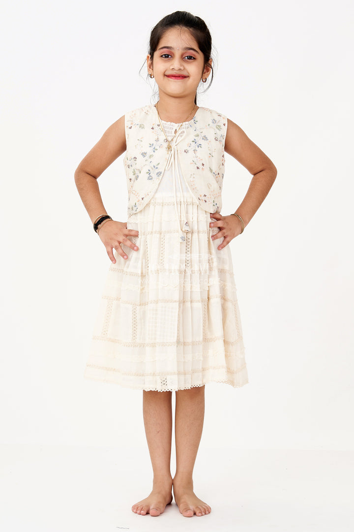 The Nesavu Girls Cotton Frock Girls White Color Frock with Embroidery and Layered Pleats for Graceful Festive Wear Nesavu Nesavu Girls White Color Cotton Frock Embroidery Layered Pleats Festive Wear