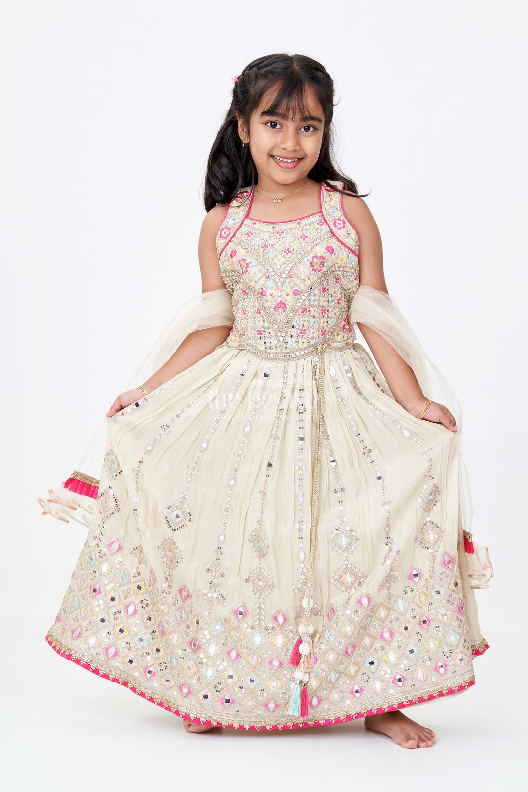 The Nesavu Girls Lehenga Choli Girls White Color Lehenga in Pure Viscose Tissue Silk with Embroidered Choli and Dupatta Nesavu 24 (5Y) / Half white GL566A-24 Nesavu Girls White Color Lehenga Pure Viscose Tissue Silk Embroidered Choli Dupatta