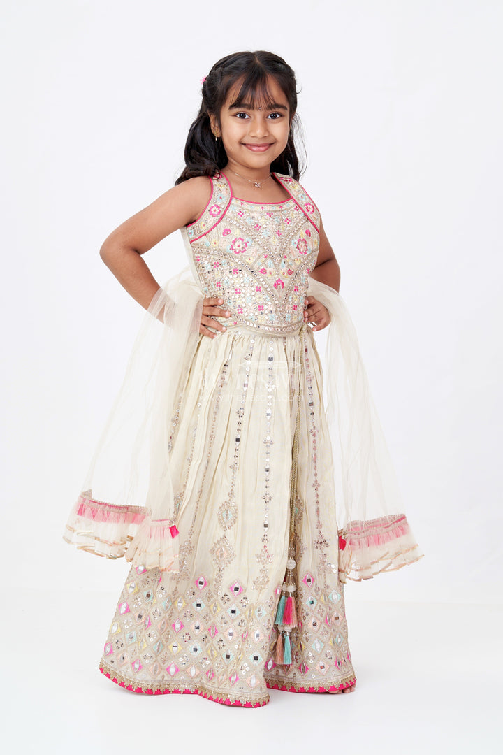 The Nesavu Girls Lehenga Choli Girls White Color Lehenga in Pure Viscose Tissue Silk with Embroidered Choli and Dupatta Nesavu Girls White Color Lehenga Pure Viscose Tissue Silk Embroidered Choli Dupatta | The Nesavu
