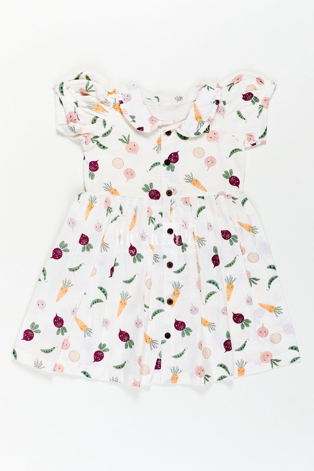 The Nesavu Girls Cotton Frock Girls White Cotton Dress with Allover Digital Print and Puff Sleeves Featuring Playful Vegetable Patterns Nesavu 18 (2Y) / Cream GFC1704A-18 Girls White Cotton Dress Vegetable Print Allover Digital Design Everyday Comfort | The Nesavu