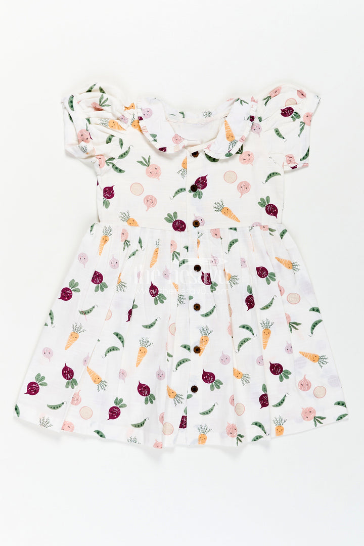 The Nesavu Girls Cotton Frock Girls White Cotton Dress with Allover Digital Print and Puff Sleeves Featuring Playful Vegetable Patterns Nesavu Girls White Cotton Dress Vegetable Print Allover Digital Design Everyday Comfort | The Nesavu