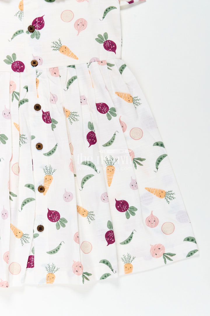 The Nesavu Girls Cotton Frock Girls White Cotton Dress with Allover Digital Print and Puff Sleeves Featuring Playful Vegetable Patterns Nesavu Girls White Cotton Dress Vegetable Print Allover Digital Design Everyday Comfort | The Nesavu