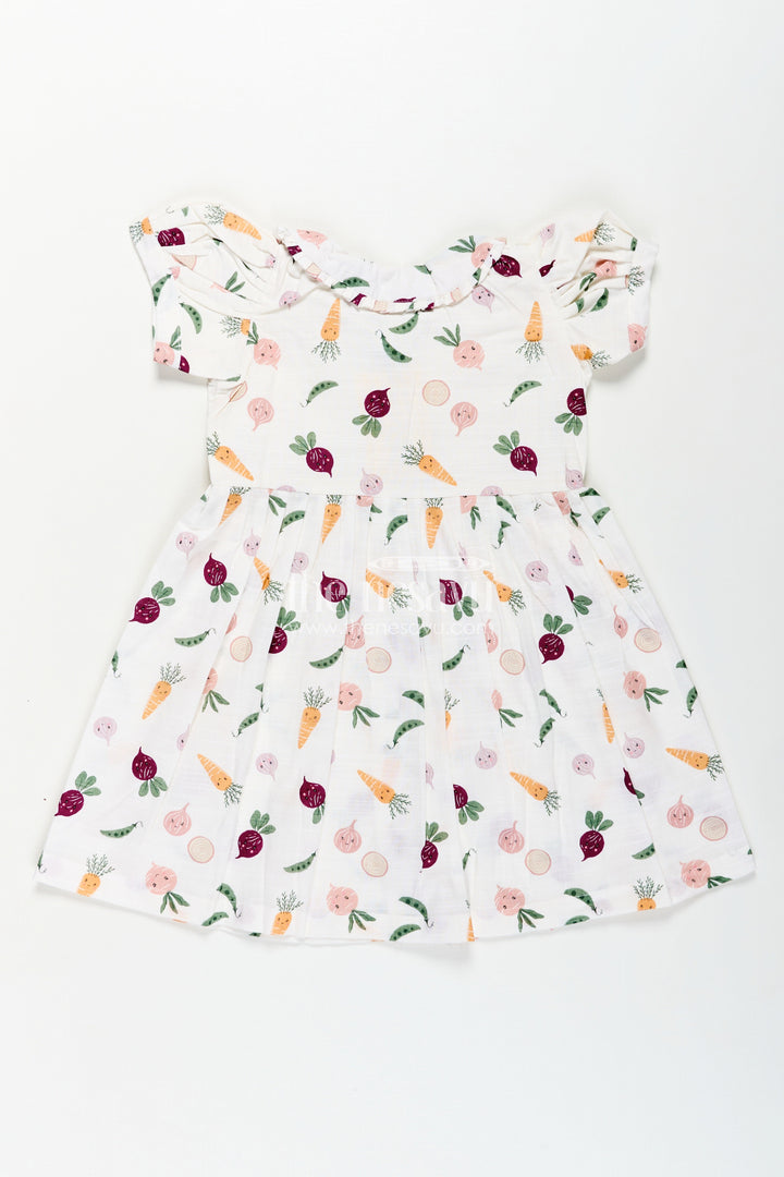 The Nesavu Girls Cotton Frock Girls White Cotton Dress with Allover Digital Print and Puff Sleeves Featuring Playful Vegetable Patterns Nesavu Girls White Cotton Dress Vegetable Print Allover Digital Design Everyday Comfort | The Nesavu