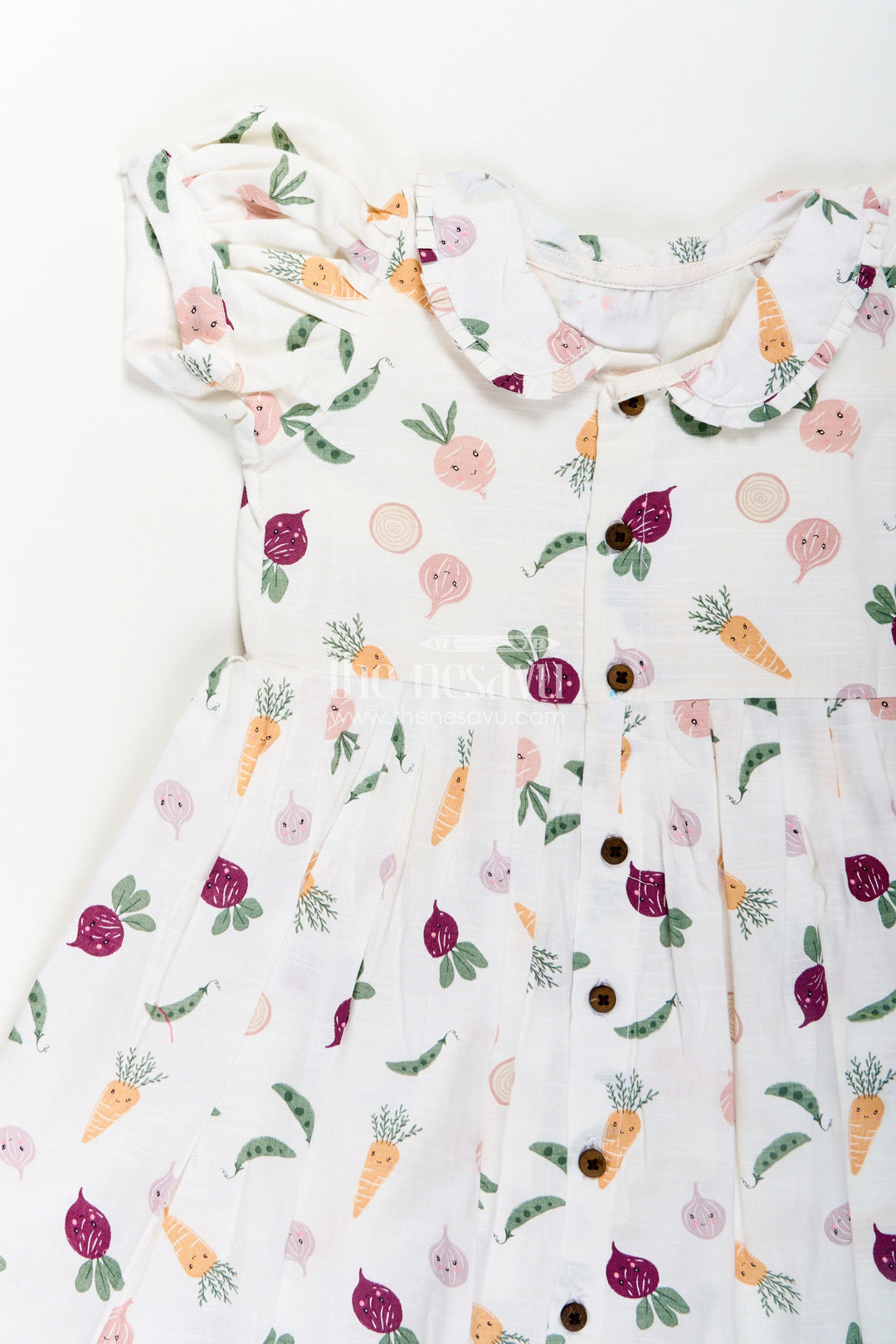 The Nesavu Girls Cotton Frock Girls White Cotton Dress with Allover Digital Print and Puff Sleeves Featuring Playful Vegetable Patterns Nesavu Girls White Cotton Dress Vegetable Print Allover Digital Design Everyday Comfort | The Nesavu