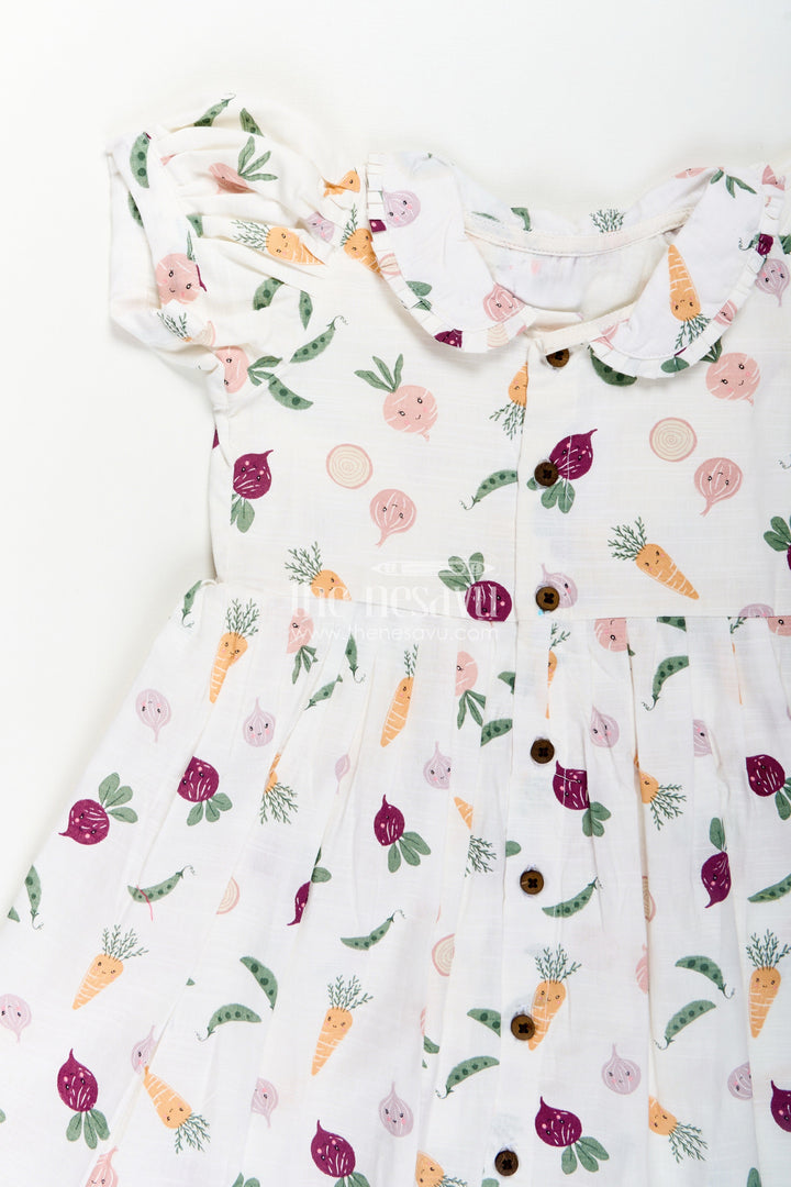 The Nesavu Girls Cotton Frock Girls White Cotton Dress with Allover Digital Print and Puff Sleeves Featuring Playful Vegetable Patterns Nesavu Girls White Cotton Dress Vegetable Print Allover Digital Design Everyday Comfort | The Nesavu