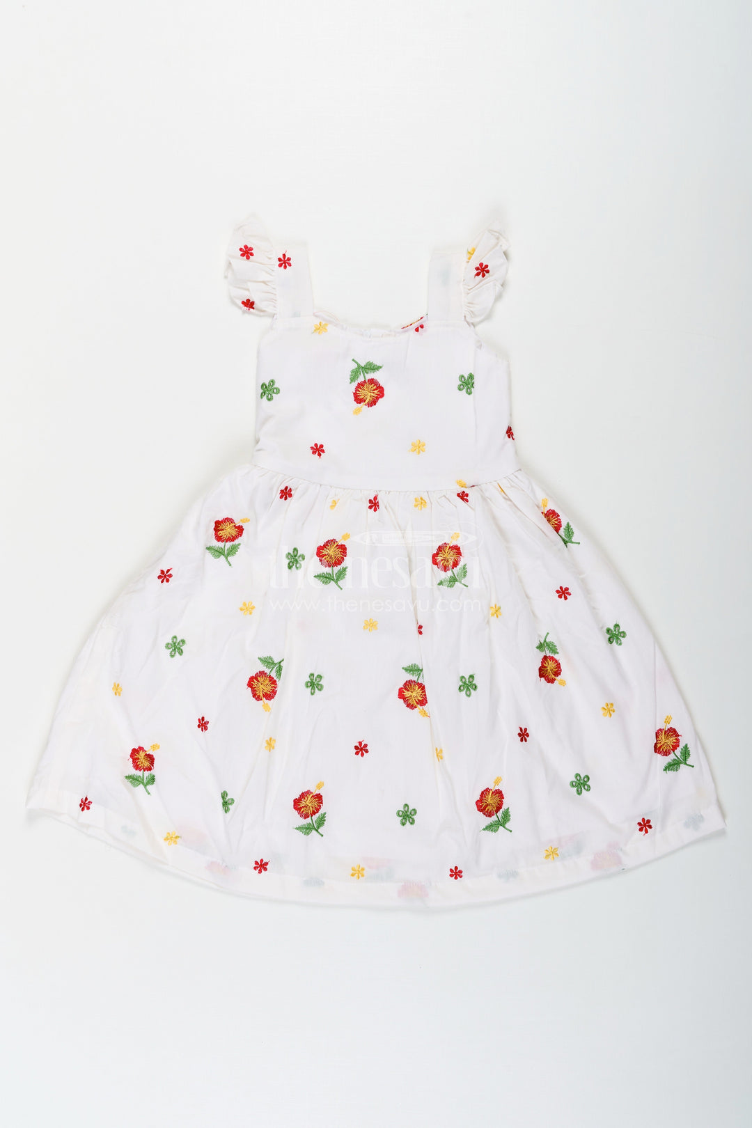 The Nesavu Girls Cotton Frock Girls White Floral Frock in Cotton Embroidery with Delicate Ruffles and Playful Design Nesavu 18 (2Y) / White GFC1654B-18 Girls White Floral Frock Cotton Embroidery Ruffled Sleeves Flared Skirt | The Nesavu