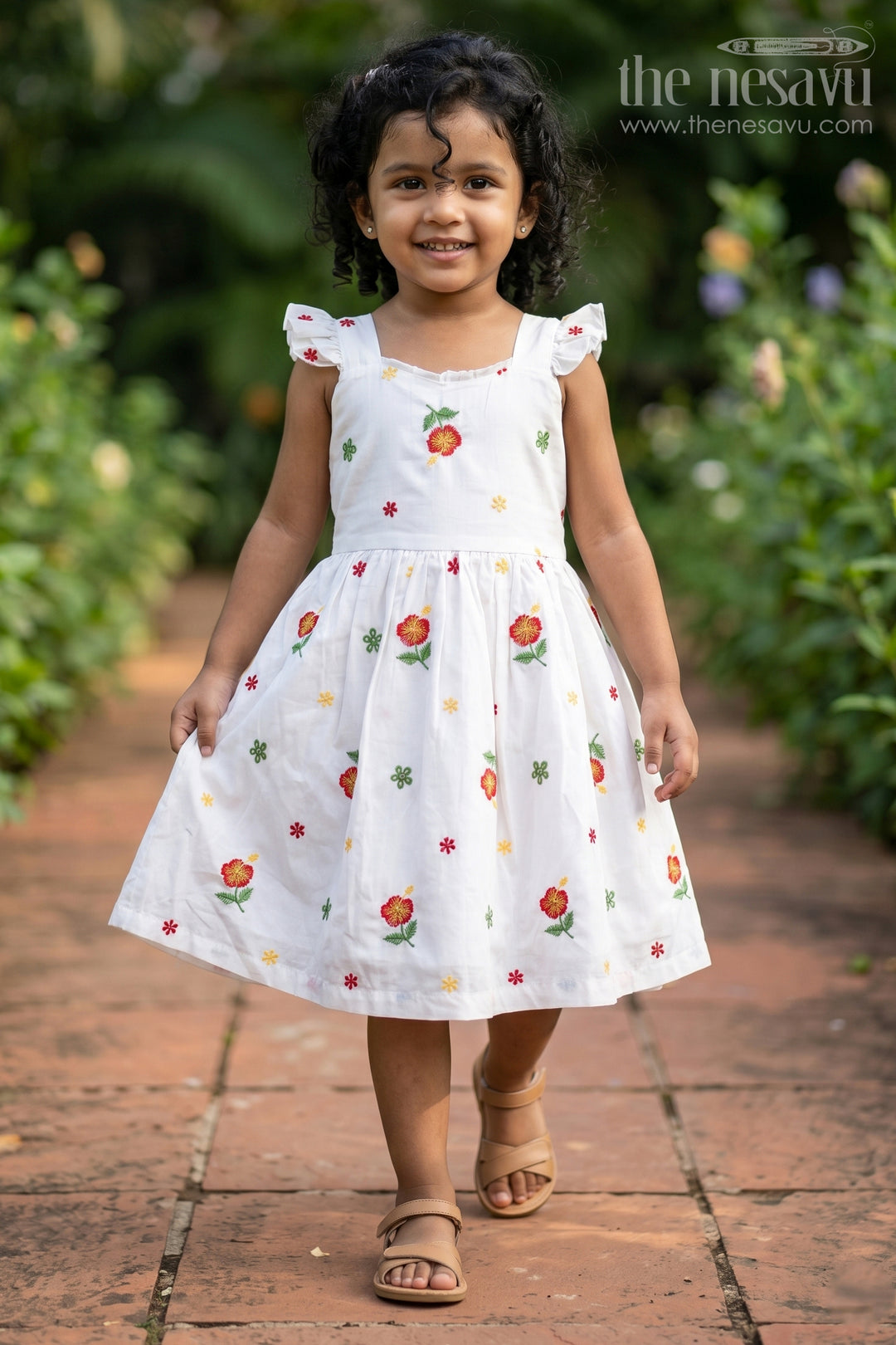 The Nesavu Girls Cotton Frock Girls White Floral Frock in Cotton Embroidery with Delicate Ruffles and Playful Design Nesavu 18 (2Y) / White GFC1654B-18 Girls White Floral Frock Cotton Embroidery Ruffled Sleeves Flared Skirt | The Nesavu