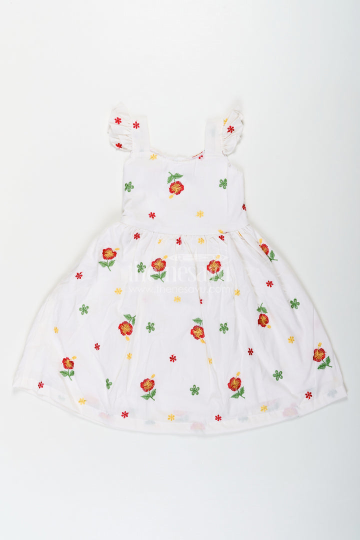 The Nesavu Girls Cotton Frock Girls White Floral Frock in Cotton Embroidery with Delicate Ruffles and Playful Design Nesavu 18 (2Y) / White GFC1654B-18 Nesavu Girls White Floral Frock Cotton Embroidery Ruffled Sleeves Flared Skirt