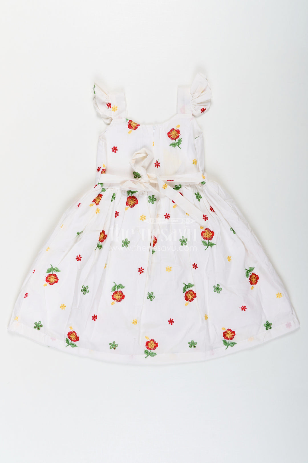 The Nesavu Girls Cotton Frock Girls White Floral Frock in Cotton Embroidery with Delicate Ruffles and Playful Design Nesavu Girls White Floral Frock Cotton Embroidery Ruffled Sleeves Flared Skirt | The Nesavu