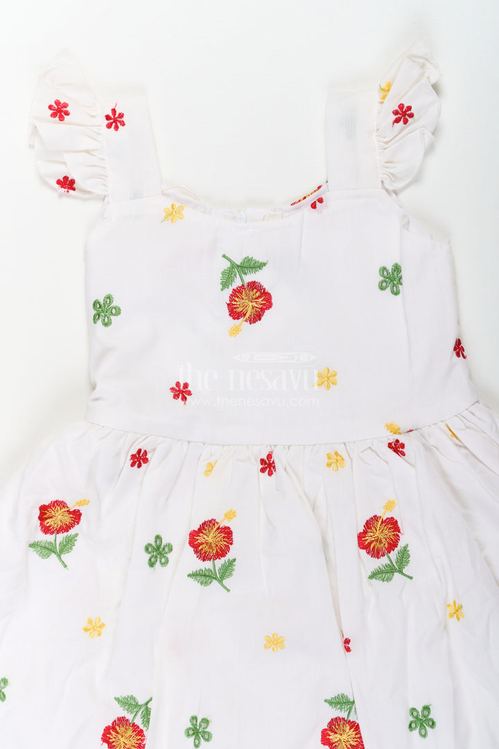 The Nesavu Girls Cotton Frock Girls White Floral Frock in Cotton Embroidery with Delicate Ruffles and Playful Design Nesavu Nesavu Girls White Floral Frock Cotton Embroidery Ruffled Sleeves Flared Skirt