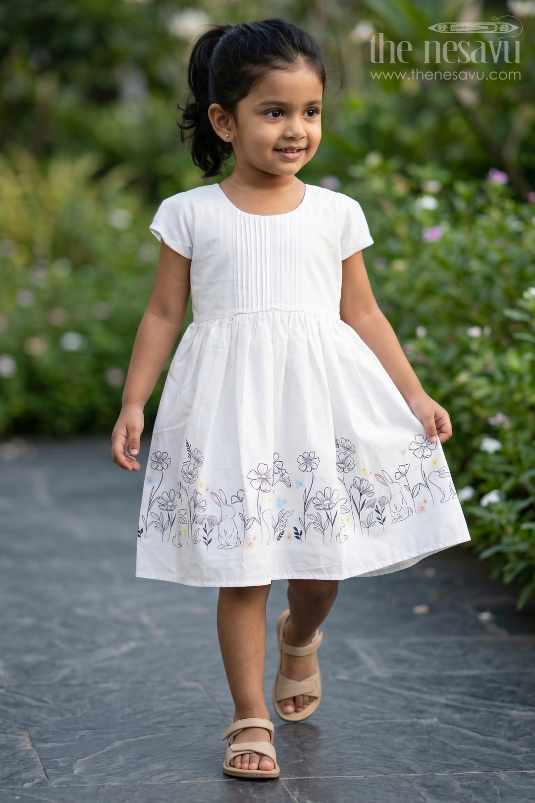 The Nesavu Girls Cotton Frock Girls White Frock Dress in Cotton with Digital Bunny Border and Pintuck Front Panel Nesavu 20 (3Y) / White GFC1661A-20 Girls White Frock Dress Cotton Digital Bunny Floral Border Pintuck Front | The Nesavu