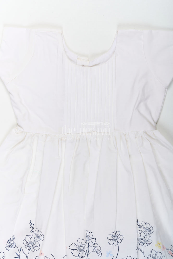 The Nesavu Girls Cotton Frock Girls White Frock Dress in Cotton with Digital Bunny Border and Pintuck Front Panel Nesavu Girls White Frock Dress Cotton Digital Bunny Floral Border Pintuck Front | The Nesavu