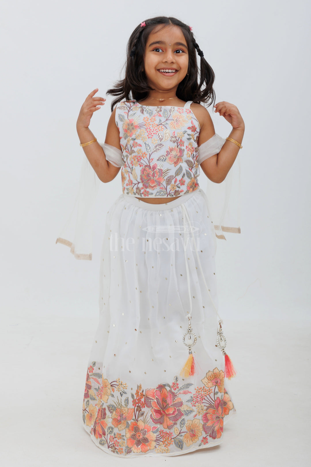 The Nesavu Girls Lehenga Choli Girls' White Georgette Embroidered Lehenga Choli with Multicolor Floral Design Nesavu 18 (2Y) / Half white GL459A-18