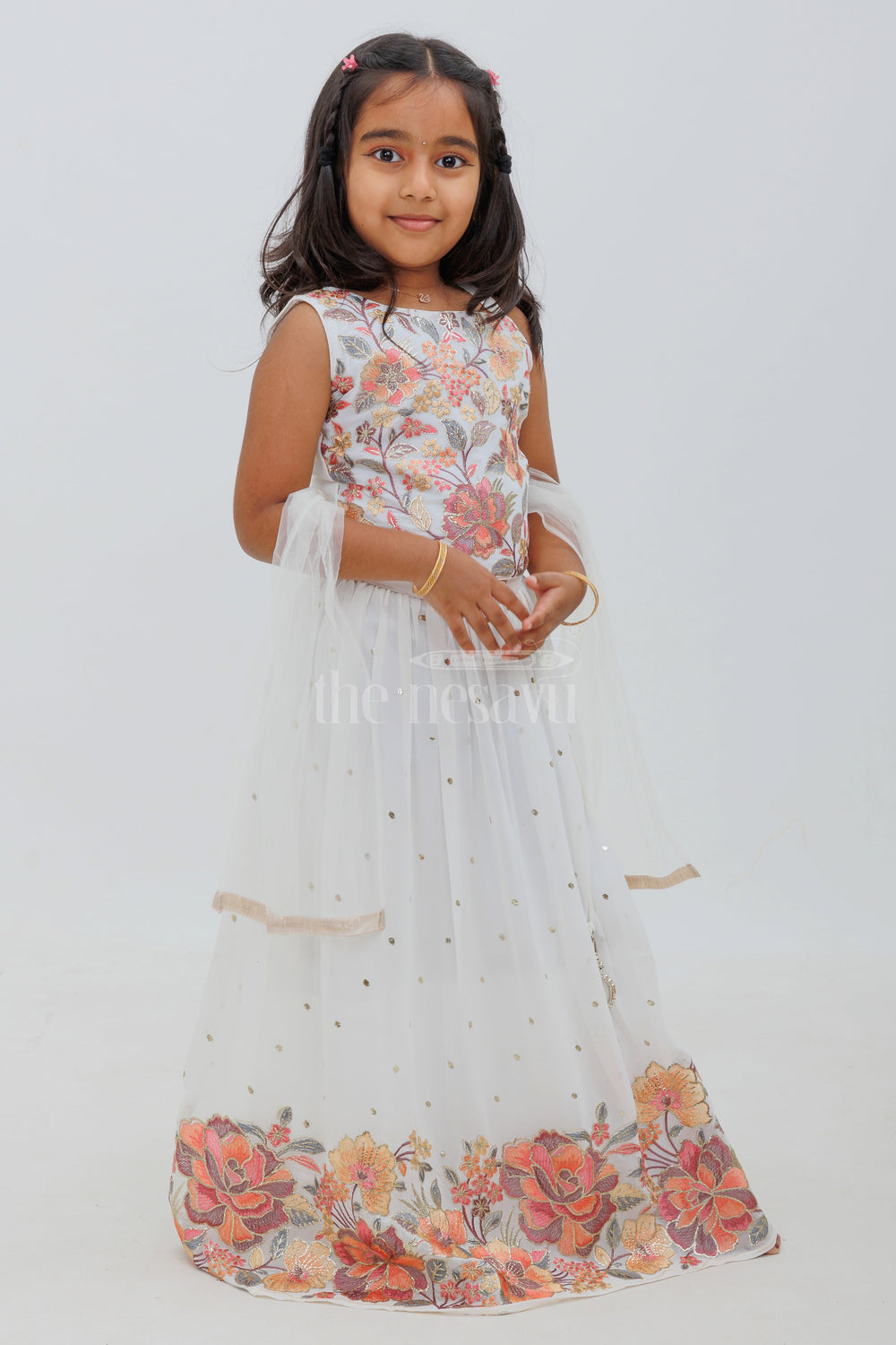 The Nesavu Girls Lehenga Choli Girls' White Georgette Embroidered Lehenga Choli with Multicolor Floral Design Nesavu