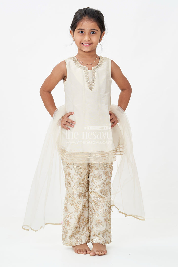 The Nesavu Girls Sharara / Plazo Set Girls White Infant Dress in Viscose Tissue with Embroidered Sequins and Designer Churidar Bottom Nesavu 16 (1Y) / Cream GPS615A-16 Girls White Infant Dress Viscose Tissue Embroidered Churidar Matching Dupatta | The Nesavu