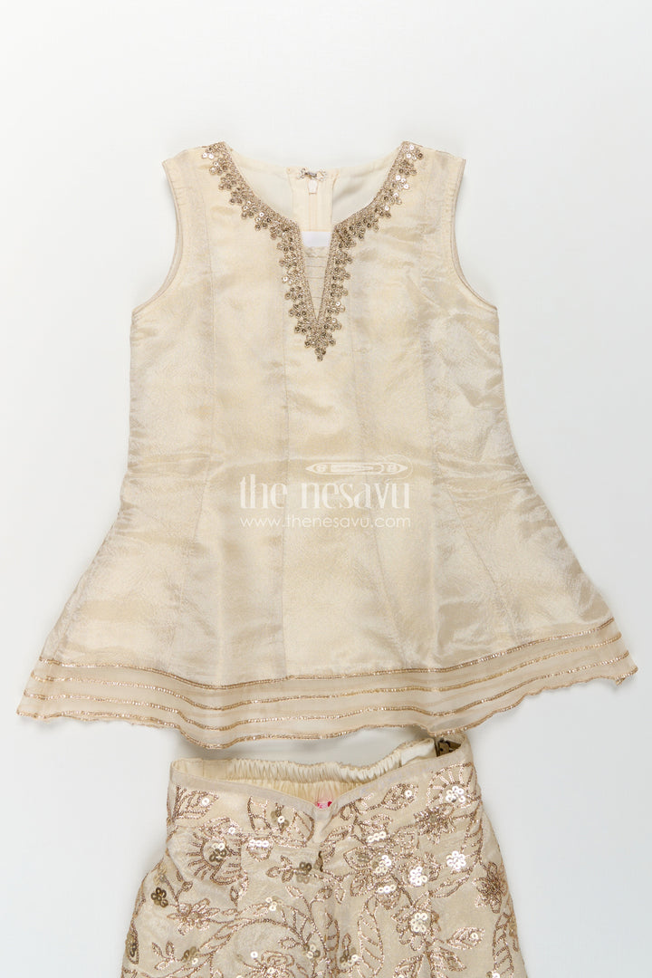 The Nesavu Girls Sharara / Plazo Set Girls White Infant Dress in Viscose Tissue with Embroidered Sequins and Designer Churidar Bottom Nesavu Girls White Infant Dress Viscose Tissue Embroidered Churidar Matching Dupatta | The Nesavu