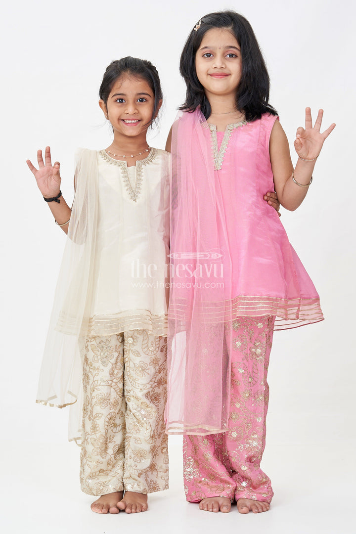 The Nesavu Girls Sharara / Plazo Set Girls White Infant Dress in Viscose Tissue with Embroidered Sequins and Designer Churidar Bottom Nesavu Girls White Infant Dress Viscose Tissue Embroidered Churidar Matching Dupatta | The Nesavu