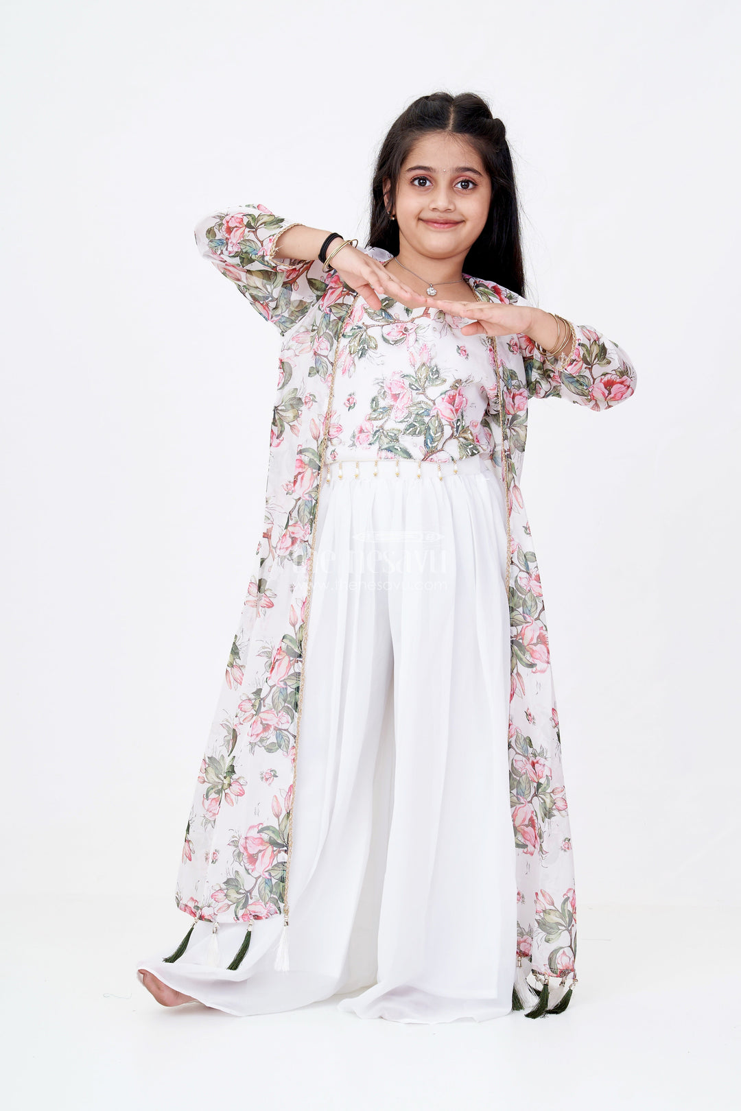 The Nesavu Girls Sharara / Plazo Set Girls White Kurta Sharara Set with Floral Digital Printed Jacket and Wide-Leg Pants Nesavu 24 (5Y) / Cream GPS518A-24 Girls White Kurta Sharara Set Floral Printed Long Jacket Tassel Details | The Nesavu