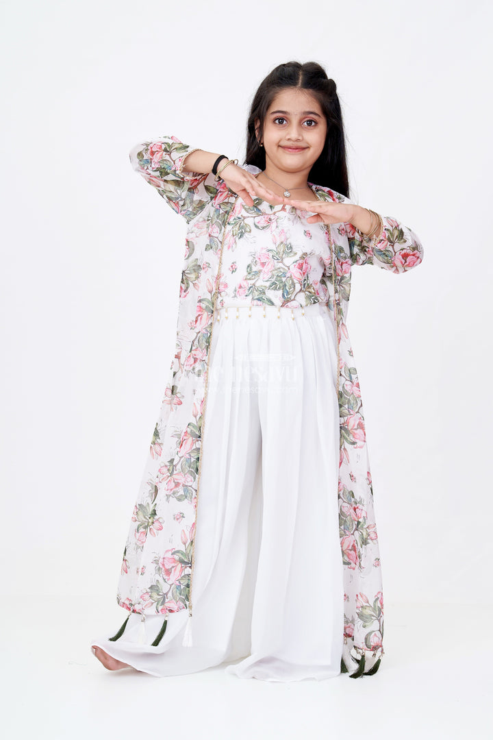 The Nesavu Girls Sharara / Plazo Set Girls White Kurta Sharara Set with Floral Digital Printed Jacket and Wide-Leg Pants Nesavu 24 (5Y) / Cream GPS518A-24 Girls White Kurta Sharara Set Floral Printed Long Jacket Tassel Details | The Nesavu