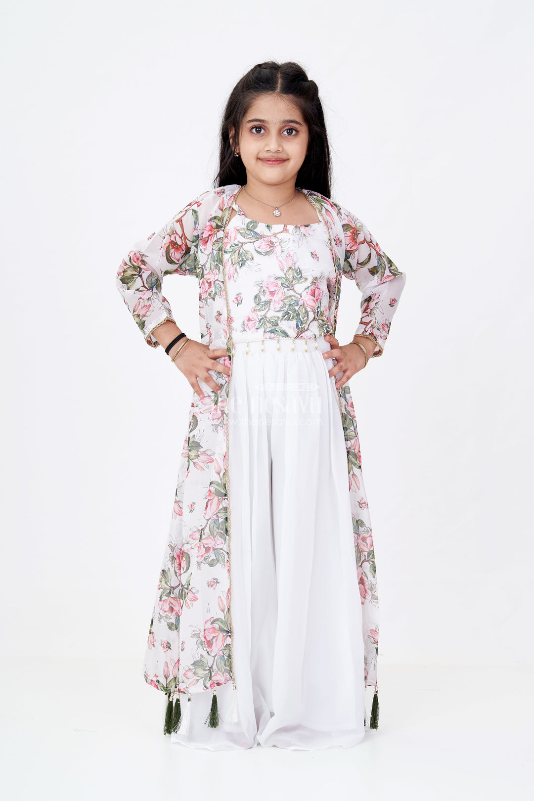 The Nesavu Girls Sharara / Plazo Set Girls White Kurta Sharara Set with Floral Digital Printed Jacket and Wide-Leg Pants Nesavu Girls White Kurta Sharara Set Floral Printed Long Jacket Tassel Details | The Nesavu